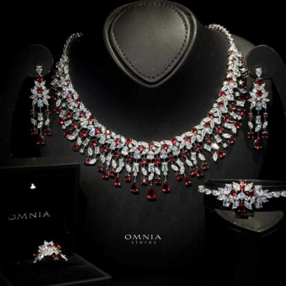 Omnia Journee Red Bridal Full Set Accessories in High Quality Zircon Stone in Rhodium Plated - Image 2