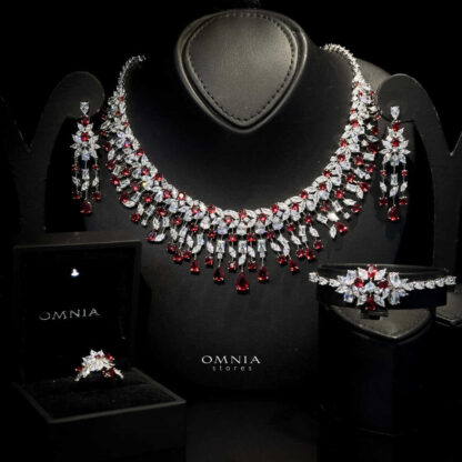 Omnia Journee Red Bridal Full Set Accessories in High Quality Zircon Stone in Rhodium Plated - Image 3