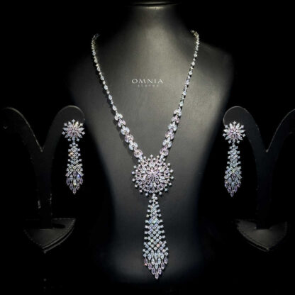 Omnia Mariya Pink Long Chain Full Set Accessories High Quality Zircon Stone In Rhodium Plated - Image 3