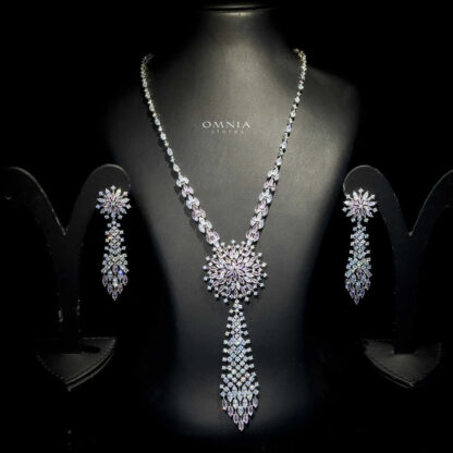 Omnia Mariya Pink Long Chain Full Set Accessories High Quality Zircon Stone In Rhodium Plated