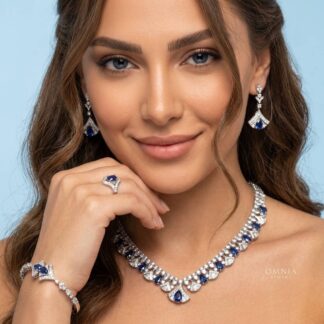 Omnia Elizabeth Sapphire Grace Bridal Full Set with Pear and Round Cut High-Quality Simulated Diamonds and Blue Gemstones in a Luxurious Rhodium Plated Finish