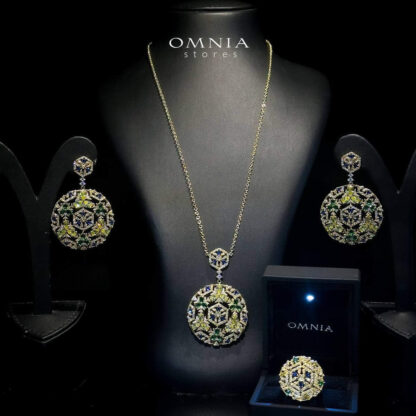 Omnia Alali Green Golden Medallion Set in High Quality Simulated Diamonds