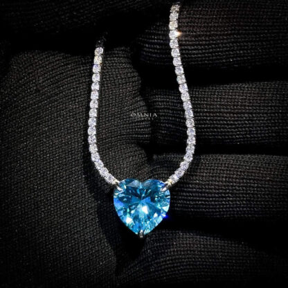 Omnia Heart Sky Blue Necklace 92.5 Pure Silver Jewelry in High Quality Simulated Diamonds