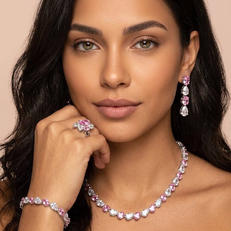 Omnia Lamia White And Pink Bridal Full Set with High-Quality Simulated Diamonds Rhodium Plated - Image 2
