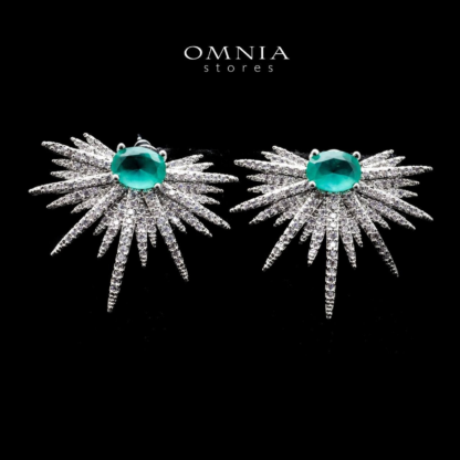 Omnia Hadil Starburst Stud Earrings with Emerald Green Zircon Stone in High Quality Rhodium Plated - Image 3