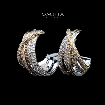 Omnia Tiffany Double Tone Wrap Hoop Earrings with White Zircon in High Quality Rhodium Plated - Image 4