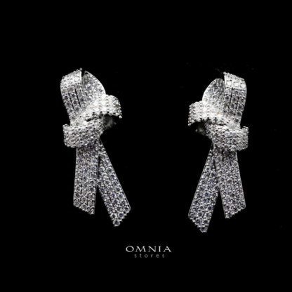 Omnia Elegant White Knot Earrings in High Quality Zircon Stone Rhodium Plated - Image 3