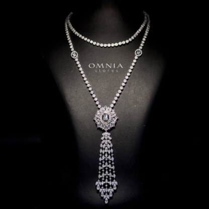 Omnia Ola White Bridal Long chain Set Accessories in High Quality Zircon Stone Rhodium Plated - Image 2