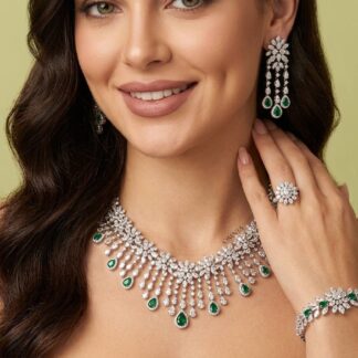 Omnia Anoud Green Luxury Bridal Choker Full Set in High Quality Rhodium Plated Zircon Stones (18cm only available in KSA)