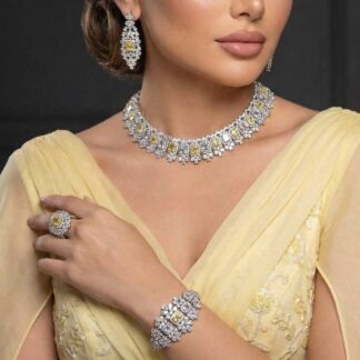 Omnia Avelia Yellow and White Bridal Choker Full Set with Square-Cut Zircon and Floral Accents in High-Quality Rhodium Plated