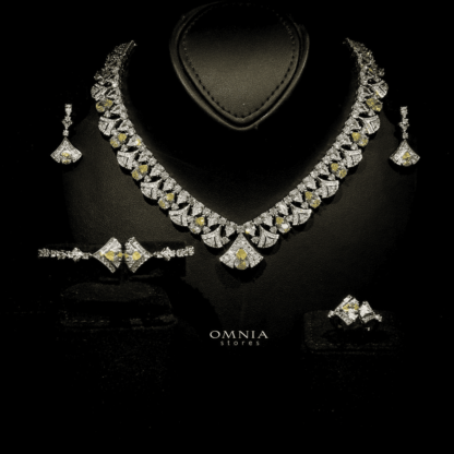 Omnia Elizabeth Yellow & White Bridal Full Set with Pear and Round Cut High-Quality Simulated Diamonds in a Stunning Two-Tone Rhodium Plated Finish - Image 11