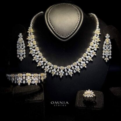 Omnia Sara Golden Bridal Full Set with Leaf Cut Stones in High Quality Zircon Stone in Rhodium Plated - Image 3