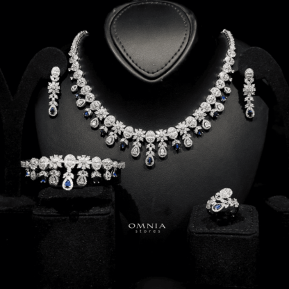Omnia Trisha Blue Bridal Full Set Accessories in High Quality Zircon Stone Rhodium Plated - Image 4