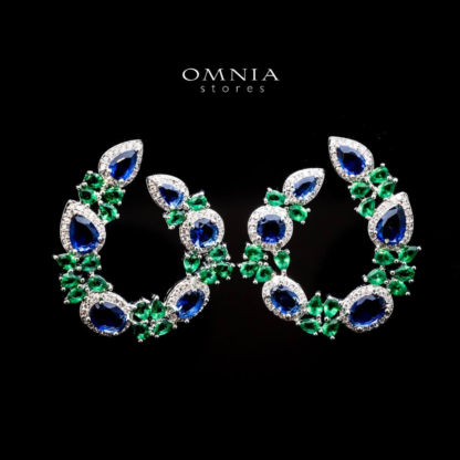 Omnia Hansel Hoop Earrings with Blue and Green Zircon Stone in High Quality Rhodium Plated - Image 3