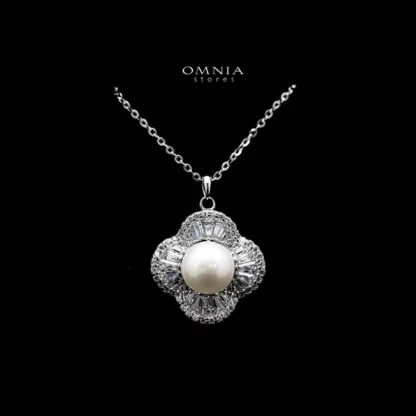 Omnia Lily Pearl Floral Pendant Necklace in 92.5 Silver with High Quality Iced Cut Stones - Image 3