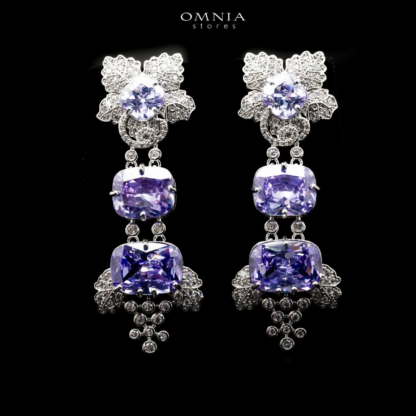 Omnia Colet Floral Drop Earrings with Purple Cushion Cut Zircon Stone in High Quality Rhodium Plated - Image 2