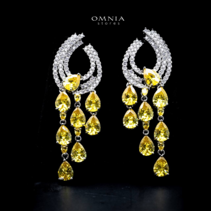 Omnia Rowdha Yellow Teardrop Chandelier Earrings with White Zircon Accents in High Quality Rhodium Plated - Image 3