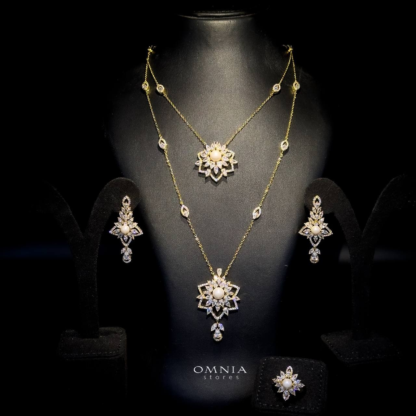 Omnia Safa Golden White Bridal Long Chain Set Accessories in High Quality Zircon Stone Rhodium Plated - Image 3