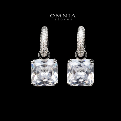 Omnia Helen Cushion Cut Drop Earrings with White Zircon in High Quality Rhodium Plated - Image 3