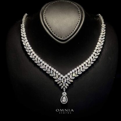 Omnia Lilia White Bridal Full Set with Teardrop Pendant and Leaf Cut Stones in High Quality Zircon Stone in Rhodium Plated - Image 4