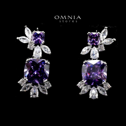 Omnia Francine Purple Cushion Cut Drop Earrings with White Accents in High Quality Zircon Stone Rhodium Plated - Image 2
