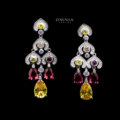 Omnia Zuwaina Radiance Chandelier Earrings with Yellow and Red Zircon Stone in High Quality Rhodium Plated - Image 2