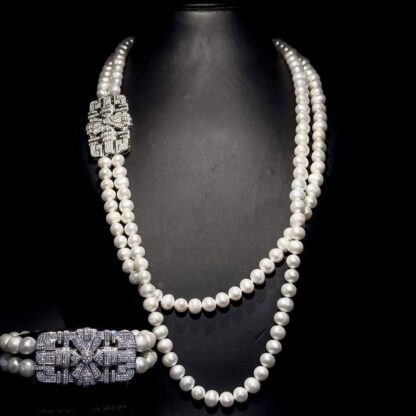 Omnia Madison Pearl Double-Layer Necklace and Bracelet Set with Intricate Diamond-Embedded Clasp in 92.5 Silver and High-Quality Simulated Diamonds - Image 3