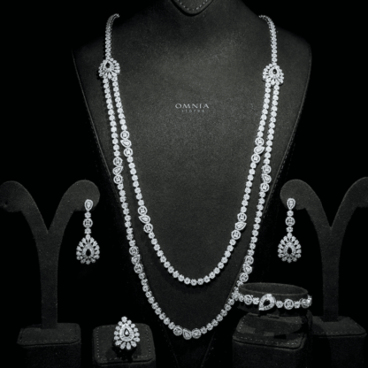 Omnia Ahad Bridal Blue Long chain Set Accessories High Quality Zircon Stone In Rhodium Plated - Image 4
