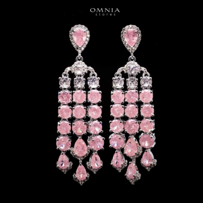 Omnia Alyazia Pink Chandelier Earrings with Teardrop and Round Zircon in High Quality Rhodium Plated - Image 3