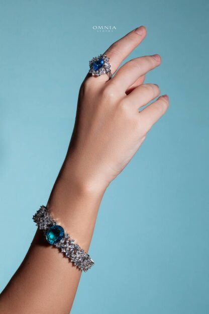 Omnia Suhana Sky Blue Bridal Full Set Designed with Pear-Cut and Round Simulated Diamonds in High-Quality Rhodium Plated Finish - Image 3