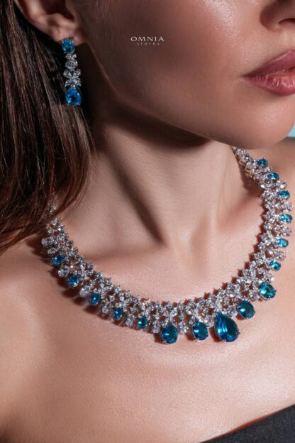 Omnia Suhana Sky Blue Bridal Full Set Designed with Pear-Cut and Round Simulated Diamonds in High-Quality Rhodium Plated Finish - Image 2