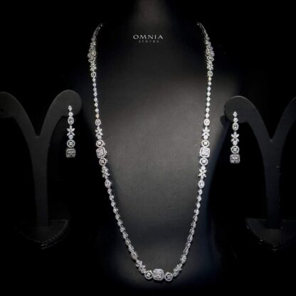 Omnia Shakila White Long Chain Set High Quality Zircon Stone In Rhodium Plated - Image 3