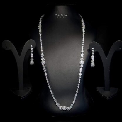 Omnia Shakila White Long Chain Set High Quality Zircon Stone In Rhodium Plated - Image 2