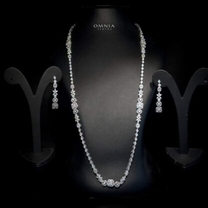 Omnia Shakila White Long Chain Set High Quality Zircon Stone In Rhodium Plated