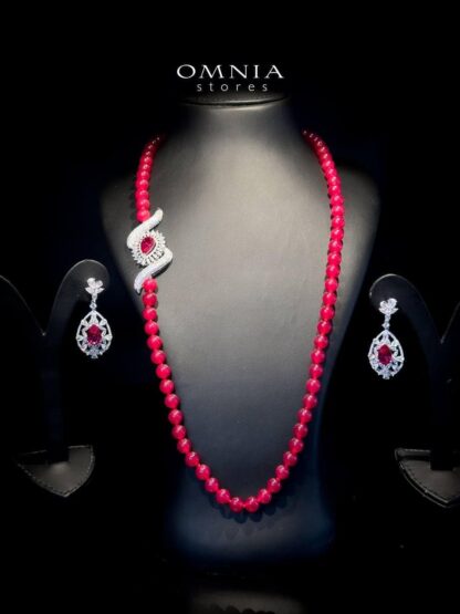 Omnia Irim Red Long Chain Set in High Quality Real Beads 92.5 Pure Silver Rhodium Plated - Image 3