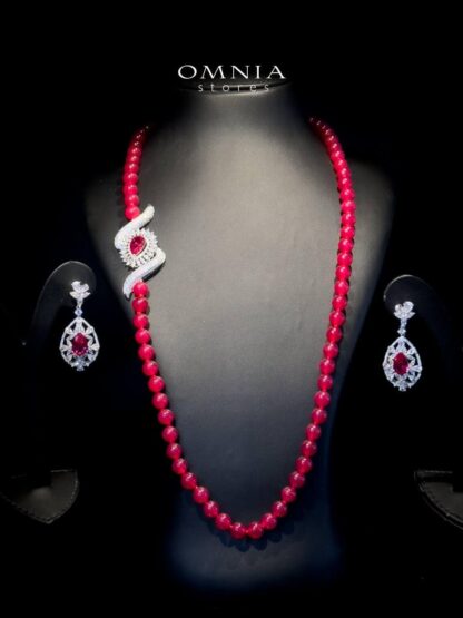 Omnia Irim Red Long Chain Set in High Quality Real Beads 92.5 Pure Silver Rhodium Plated - Image 2