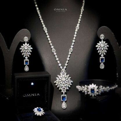 Omnia Duha Blue Long Chain Full Set Accessories in High Quality Zircon Stone Rhodium Plated - Image 4