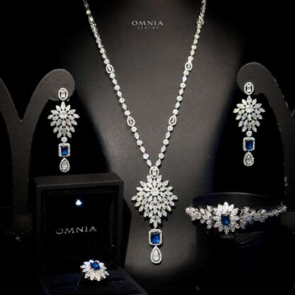 Omnia Duha Blue Long Chain Full Set Accessories in High Quality Zircon Stone Rhodium Plated - Image 2