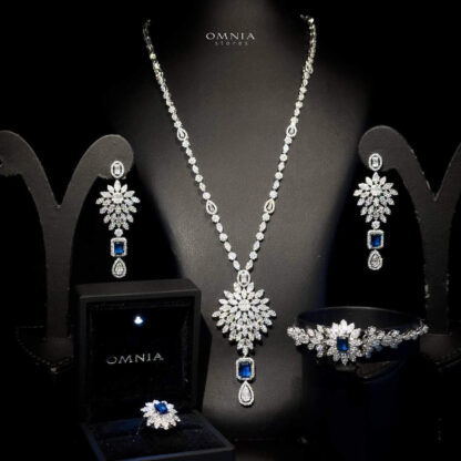 Omnia Duha Blue Long Chain Full Set Accessories in High Quality Zircon Stone Rhodium Plated - Image 3