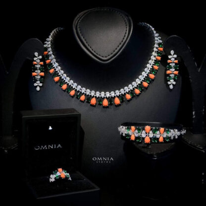 Omnia Lea Orange & Green Full Set Accessories in High Quality Zircon Stone in Rhodium Plated