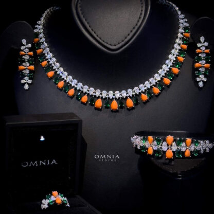 Omnia Lea Orange & Green Full Set Accessories in High Quality Zircon Stone in Rhodium Plated - Image 4