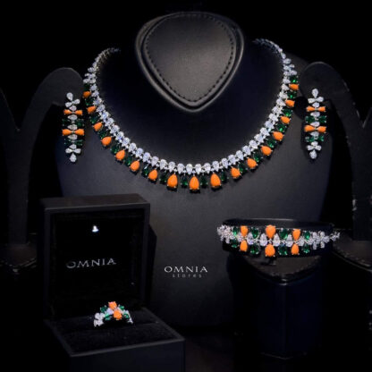 Omnia Lea Orange & Green Full Set Accessories in High Quality Zircon Stone in Rhodium Plated - Image 3