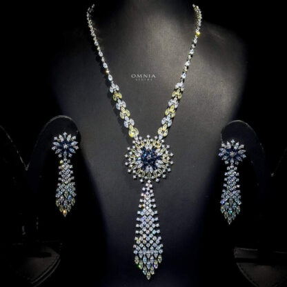Omnia Mariya Yellow & Blue Long chain Set Accessories High Quality Zircon Stone In Rhodium Plated - Image 2
