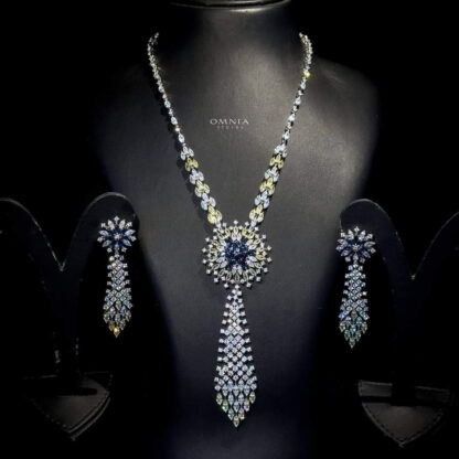 Omnia Mariya Yellow & Blue Long chain Set Accessories High Quality Zircon Stone In Rhodium Plated