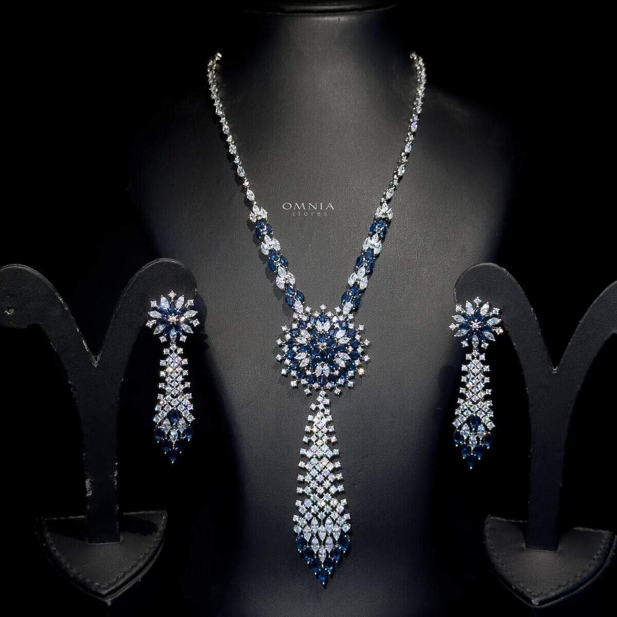 Omnia Mariya Blue Long chain Set High Quality Zircon Stone In Rhodium Plated