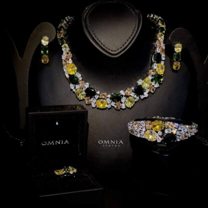 Omnia Artemis Yellow Green Multi Colored Zircon Stone Bridal Full Set Accessories in Rhodium Plated