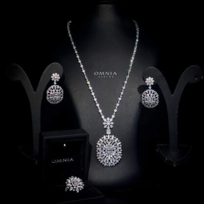 Omnia Sama White Long Chain Full Set Accessories High Quality Zircon Stone In Rhodium Plated