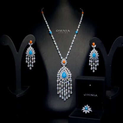 Omnia Sarina White Long Chain Full Set Accessories High Quality Zircon Stone In Rhodium Plated