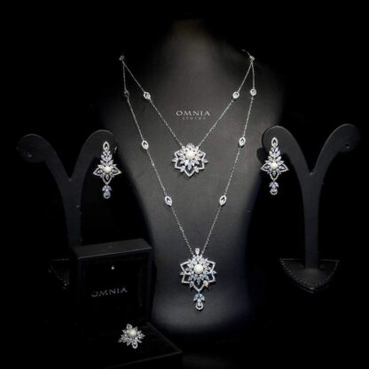 Omnia Safar Bridal Long Chain Set in High Quality Zircon Stone Rhodium Plated