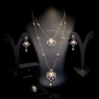 Omnia Safa Golden Multi Colored Bridal Long Chain Set in High Quality Zircon Stone Rhodium Plated